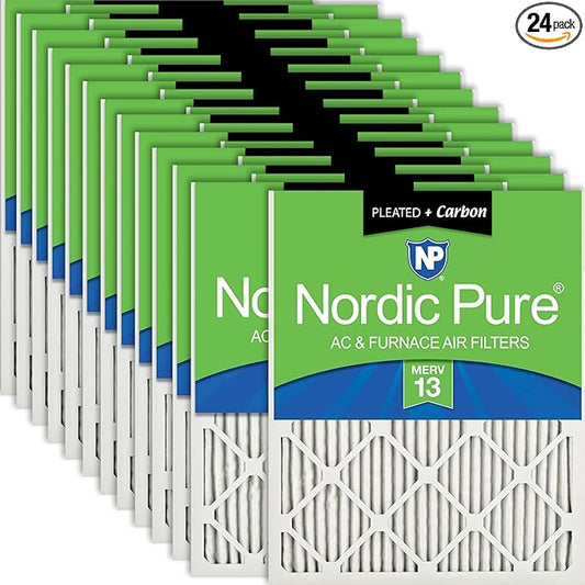 Nordic Pure 10x20x1 (Actual Size: 9 1/2 x 19 1/2 x 3/4) Pleated Air Filters MERV 13 Plus Carbon 24 Pack
