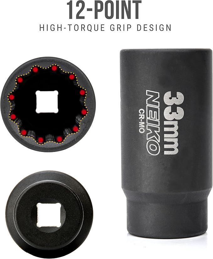 NEIKO 02524A 33mm Socket | 1/2” Drive Deep Impact Socket | Spindle & Axle Nut Socket | 12 Point |Chrome Molybdenum Cr-Mo |Deep Well Hub | Triple Square | Axle Shaft Nut Remover