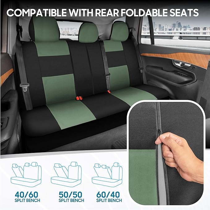 BDK PolyPro Car Seat Covers Full Set in Green on Black, Front and Rear Split Bench Seat Covers for Cars, Easy to Install Car Seats Cover Set and Accessories for Auto Trucks Van SUV - Green