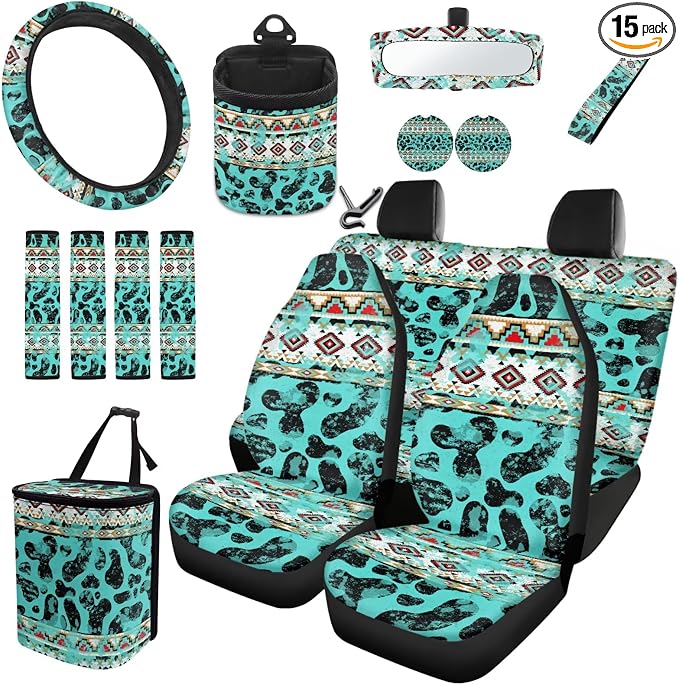 Dreaweet Aztec Cow Print Seat Covers for Cars Full Set Turquoise Front and Back Seat Covers with Steering Wheel Cover Seat Belt Pads Coasters Trash Bag Air Vent Pouch Rear View Mirror Cover Keychain