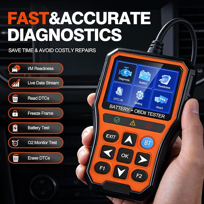 2-in-1 PRO OBD2 Scanner Diagnostic Tool, Car Code Reader with Battery Tester, Check Engine Code Reader with Reset OBDII, Real-Time Date, DTC Lookup, Scan Tool for All OBDII Protocol Cars Since 1996