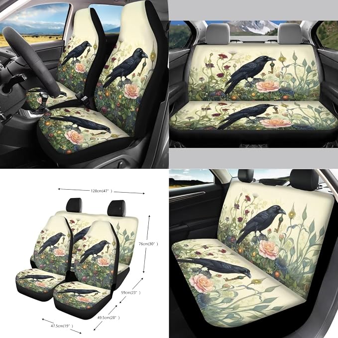 Crow Flower Print Full Set with Front Back Seats Steering Wheel Covers Rearview Mirror Cover Keychain Trash Can Auto Seat Belt Pads Air Vent Storage Bag Cup Holder Coaster for Women Men