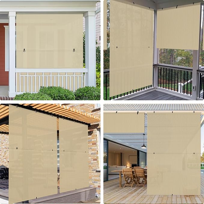 E&K Sunrise 5'W x 13'H Outdoor Roller Shades Patio Cordless Roll Up Blinds Foldable Sun Shade UV Block Exterior Sun Screen for Outside Porch Backyard Deck Pergola (Beige)