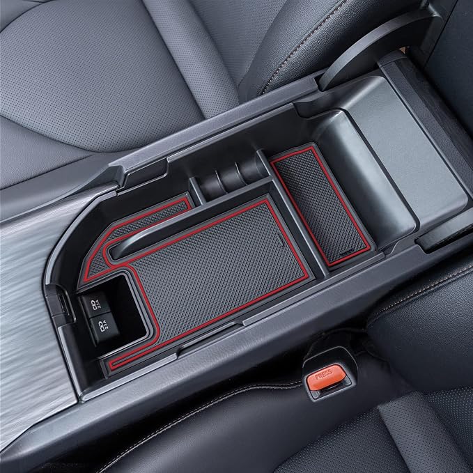 TOPINSTALL Red Center Console Tray and Rubber Liners Compatible with 2018-2024 Camry Accessories, Interior Armrest Storage Console Organizer Non-Slip Cup Holder Door Pocket Rubber Mats