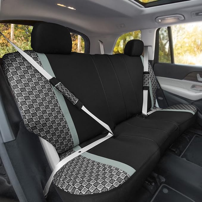 We Are Young Life is Fun™ Checker Car Seat Covers Universal Fit Interior Accessories Full Set Gray Seat Cover Combo Steering Wheel Cover and Seat Belt Pads, Airbag and Split Rear Car Seat Covers