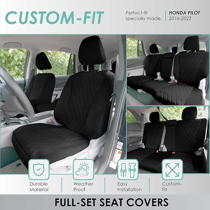FH Group Custom Fit Car Seat Covers Specifically Made for 2016–2022 Honda Pilot, 3 Row Full Set Black Ultraflex Neoprene, Waterproof Car Seat Cover, Honda Accessories