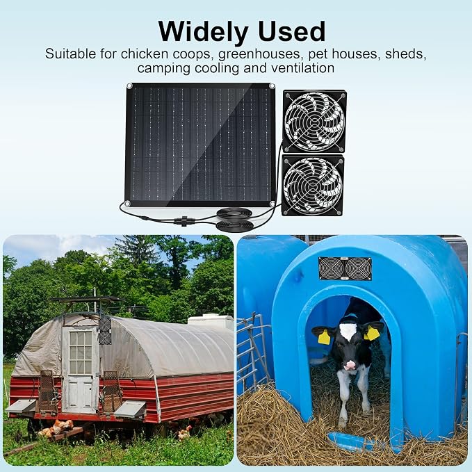 Solar Fan, 30W Solar Fan for greenhouses, Small Chicken coops, and pet Houses. IPX7 Waterproof Solar Panel Fan kit