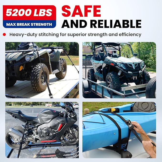 MOCA Black Locking Ratchet Straps - 5200 Lbs Breaking Strength, 1.6" x 8' Locking Tie Down Straps w/ 4 Locks & 4 Heavy Duty Ratchet Padded Handles & Coated Chromoly S Hooks & 4 Soft Loop Tie-Downs