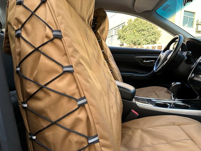 Tan Seat Covers for Cars Trucks SUV, Universal Canvas Tactical Multi-Pockets Organizers Rain Defender, Waterproof Seat Protectors Front Set (Tan)