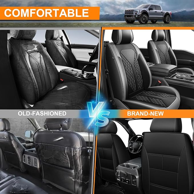 Front Seat Covers for Ford F150 2009-2024 2025 2026- F250/F350/F450 2017-2024 2025 2026: Custom Faux Leather Truck Seat Covers Car Cushion (2 PCS Front,Black&Grey)
