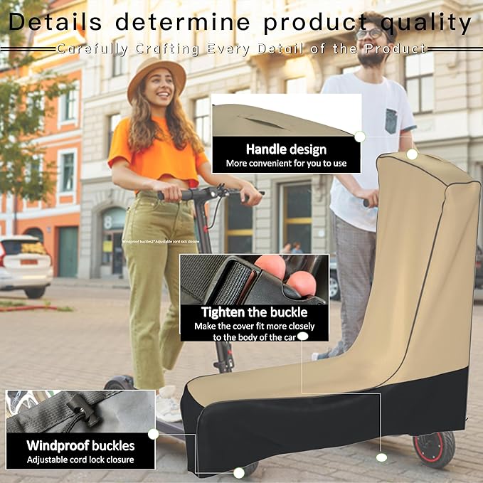 Electric Scooter Cover (300W-800W) - All Season Universal Fit, Better Fit Design,Heavy Duty Oxford Fabric,Dustproof Windproof Protection, (Khaki and Black)(47X24X45)