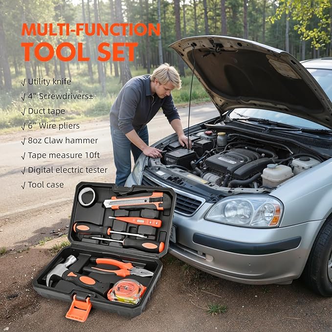 Car Emergency Kit with Portable Air Compressor, First Aid Kit, Jumper Cables, Roadside Safety Emergency Tool Kit for Women, Men, Teen