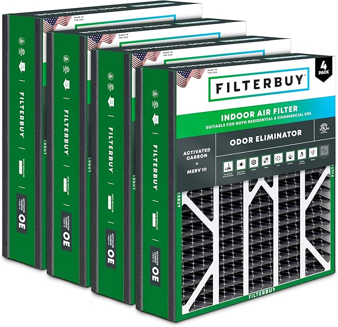 Filterbuy 20x20x5 Air Filter MERV 10 Odor & Allergy Defense with Activated Carbon (4-Pack), Pleated HVAC AC Furnace Filters for Trion Air Bear 255649-103 & More (Actual Size: 19.63 x 20.63 x 4.88)