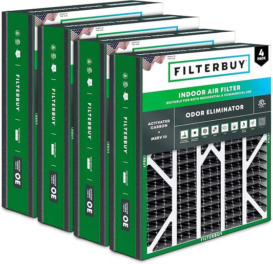 Filterbuy 20x20x5 Air Filter MERV 10 Odor & Allergy Defense with Activated Carbon (4-Pack), Pleated HVAC AC Furnace Filters for Trion Air Bear 255649-103 & More (Actual Size: 19.63 x 20.63 x 4.88)