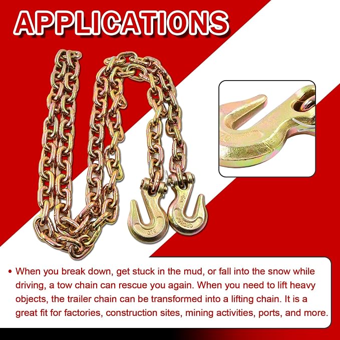 Heavy Duty G80 Transport Binder Chain 1/2'' Inch x 10 Feet,Tow Chain with G70 Clevis Grab Hooks,12000 lbs Safe Working Load Logging for Transporting, Towing(1/2'' x 10FT Yellow).