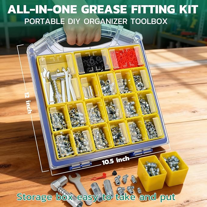 OURU Grease Fittings Assortment Kit with DlY Tool Storage Box Organizer, 450PCS SAE & Metric Grease Zerk (Straight/45°/90°) with Standard & 90° Couplers, Dust Caps & 7-11mm Wrench Set for Grease Gun