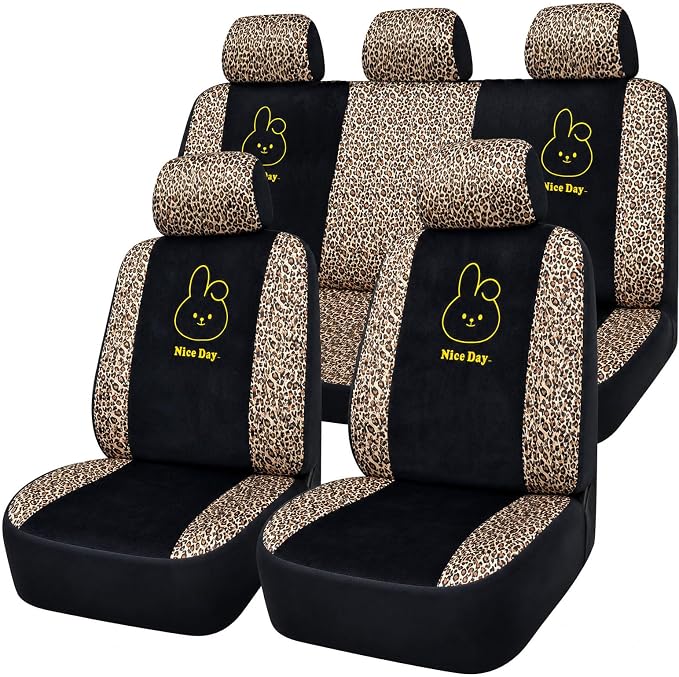 Cute Leopard Print Car Seat Covers For Women, Universal Full Set (Bunny) | Lovely Embroidered Cartoon Design For Daily Driving, Universal Fit For Most Cars, Soft Short Flannel With Stretch Backing