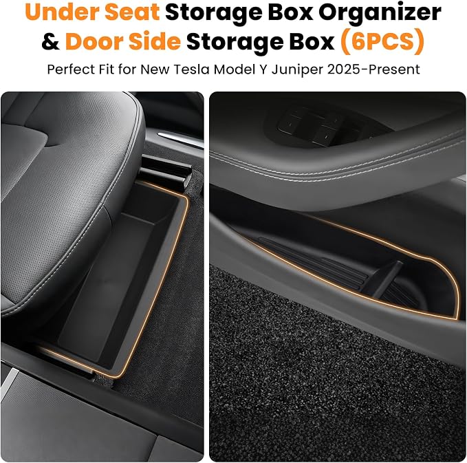 Canvcle 6PCS Under Seat Storage Box Organizer & Door Side Storage Box for 2025 2026 Tesla Model Y Juniper Accessories, Front Seats Underseat Storage Bins Door Tray Insert, Hidden Organizer TPE Black