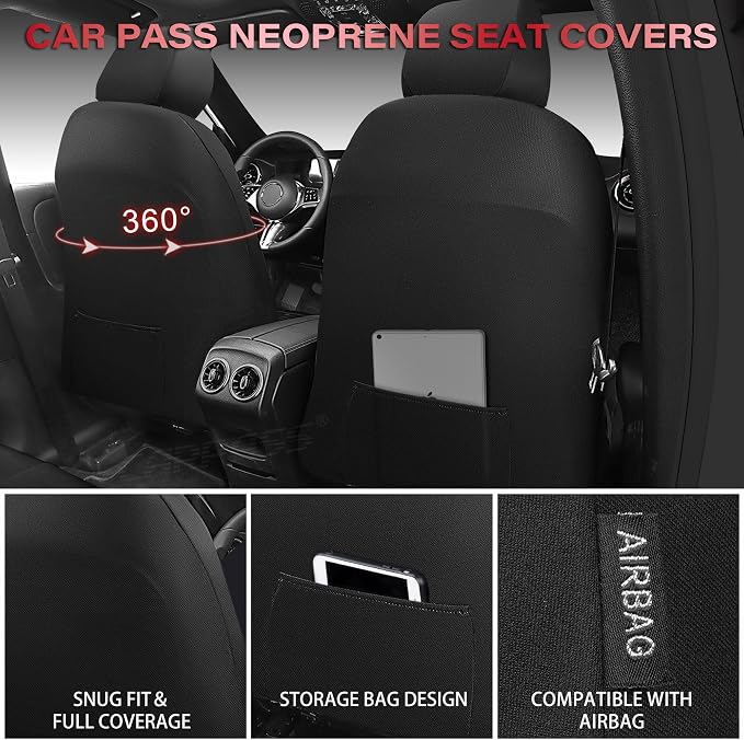 CAR PASS Waterproof Car Seat Covers Full Set,Neoprene Car Seat Covers 5 Seats,3D Tyre Embossed Wetsuit Seat Covers All-Weather Non-Slip Durable Universal Fit Trucks,SUV,Airbag Compatible,Black Red