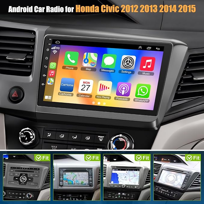 4G+64G Car Radio for Honda Civic 2012-2015 with Wireless Carpaly & Android Auto,9 Inch IPS Touch Screen Car Stereo with GPS Navigation/Bluetooth 5.2/FM/Backup Camera/WiFi/SWC/HiFi