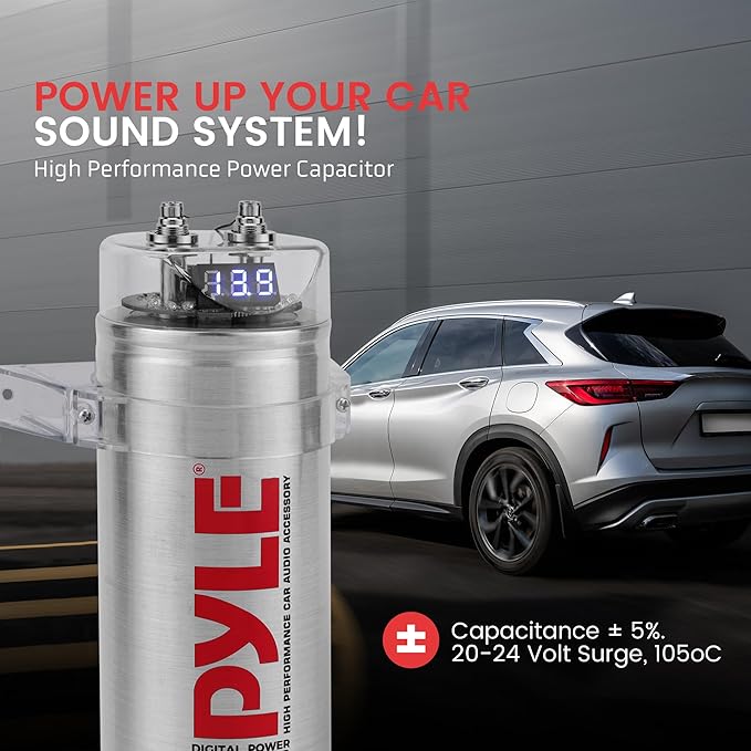 Pyle 3.2 Farad Digital Power Capacitor - High-Performance Car Audio, LED Display, Electronic Polarity Protection, Over Voltage Protection, Mounting Hardware and Post Kits, 2.9"x9.7"
