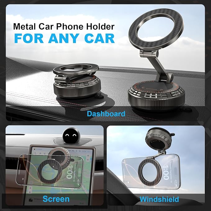 Metal Magnetic Car Phone Holder, 360° Adjustable Magsafe Car Phone Mount, Vacuum Suction Cup Phone Holders for Your Car for iPhone 17-12 Pro Max Air Plus & Android (Carbon Fiber)