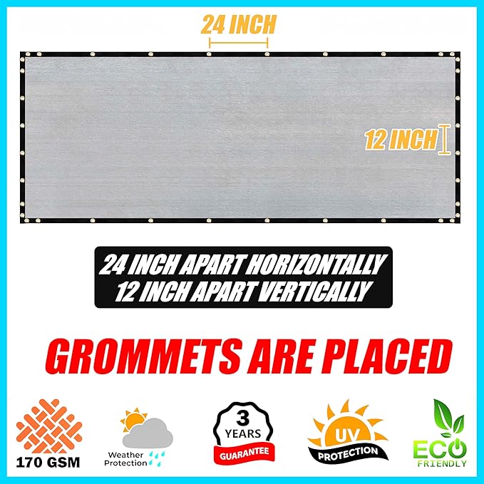 ShadeMart 8' x 68' Fence Privacy Screen Grey Heavy Duty 170 GSM Fencing Mesh Shade Net with Grommets & Zip Ties, 90% Blockage Fence Screen for Balcony Yard Outdoor Garden Pool (We Customize Size)