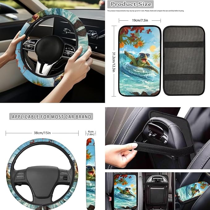 Forchrinse Hawaiian Sea Turtle Car Cover for Women Men Front Back Seat Cover with Steering Wheel Cover/Armrest Seatbelt Cover/Handbrake Gear Shift Cover/Garbage Trash Can