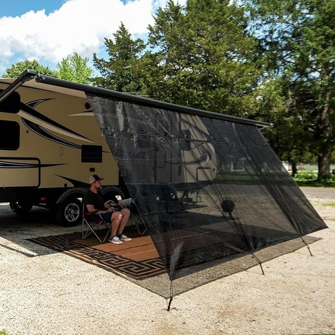 NAIMORUI RV Awning Shade Screen with Zipper, 8'X9'3" RV Awning Front Shade Screen, Black Mesh UV Blocker Sunshade Complete Kits for RV Camper Motorhome Trailer, Black