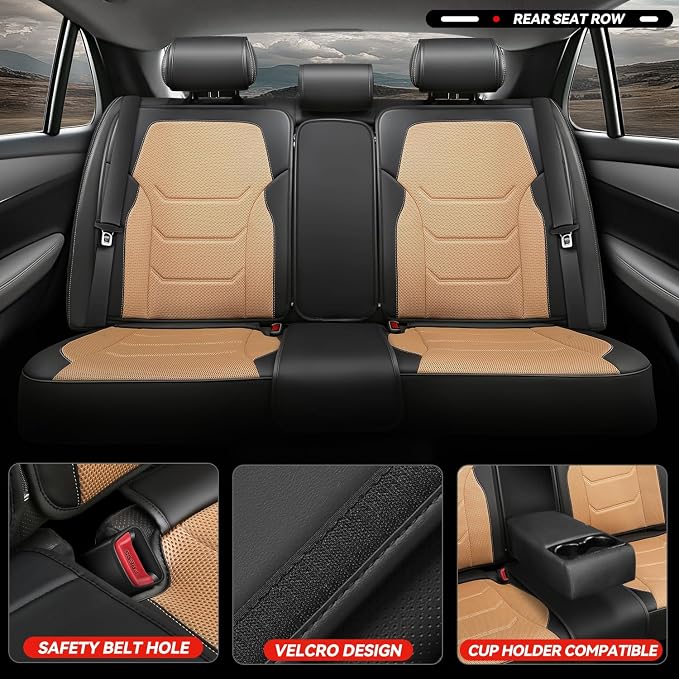 Auto Dynasty Car Seat Covers Full Set, Anti-Slip Automotive Interior Covers with Storage Pocket, Breathable Car Seat Protectors, Airbag Compatible, Universal Fit Most Vehicles, Beige (Sport Series)