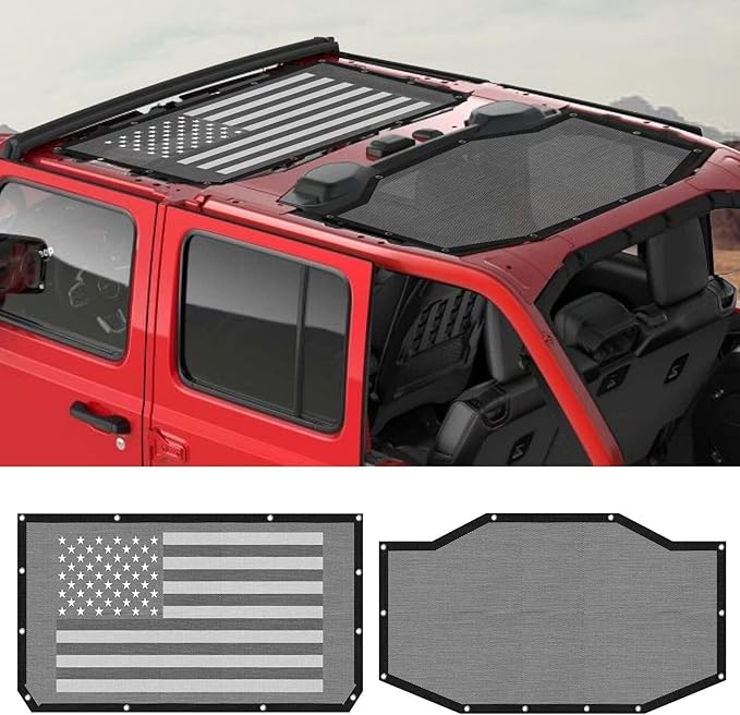 Sunshade for Jeep Wrangler JL JLU 4 Door 2018-2023 Mesh Top Cover Sunroof Screen Bikini Soft Shade with UV Blocker, American Flag, Front & Rear (2 Pcs)