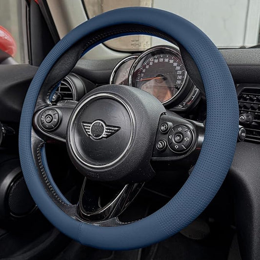PINCTROT Nappa Leather Steering Wheel Cover, Slim Fit No Bulk Design, One Piece Leather with Breathable Perforation, Fit Like Gloves, Universal 14.5-15 Inch(Nappa Smoky Blue)