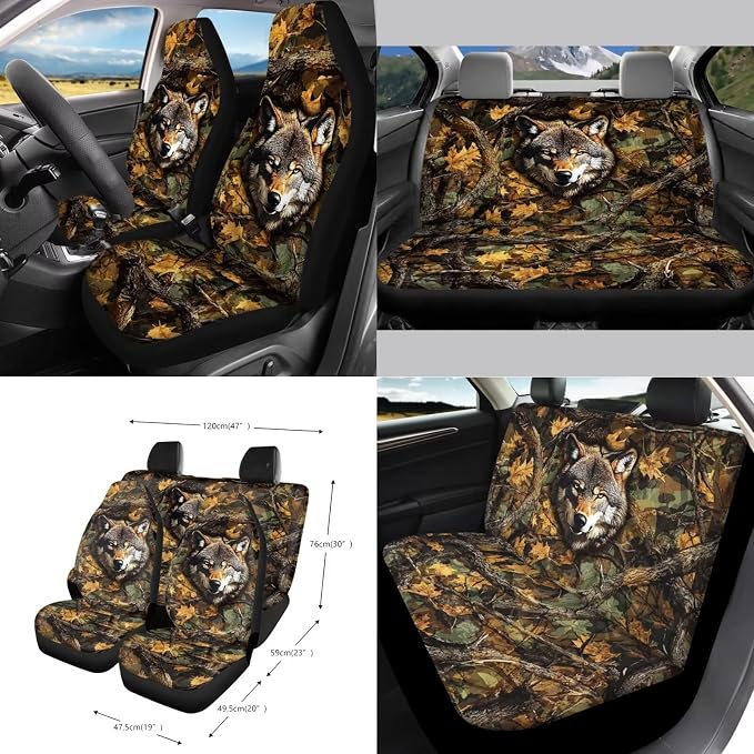 Wolf Hunting Camo Print 15 Pieces Car Accessories, Car Seat Cover Steering Wheel Cushion, Seat Belt Pad Trash Can Air Vent Storage Bag Cup Coasters Rearview Mirror Cover Keychain