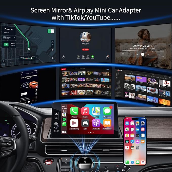 Wireless CarPlay Adapter for Apple iPhone - 4 in 1 Airplay Mirror Link Adapter Multi-User Seamless Connection Converts Wired to Wireless CarPlay Adapter - No Latency from iOS 10+ to Screen w/USB-C