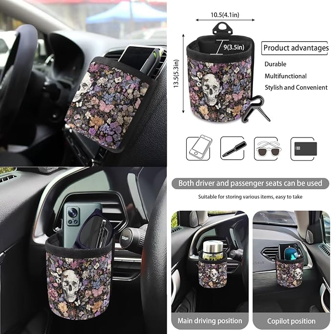Skull Flower Butterfly Print Auto Interior Sets Full Car Front Rear Seat Covers Steering Wheel Cover Seat Belt Pad Coasters Trash Can Keychain Air Vent Storage Bag 15pcs Set