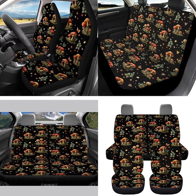 Mushroom 15Pcs Car Seat Cover Full Set Car Steering Wheel Cover Seat Belt Cover Trash Bin Front Rear View Mirror Car Cup Holder Keychain