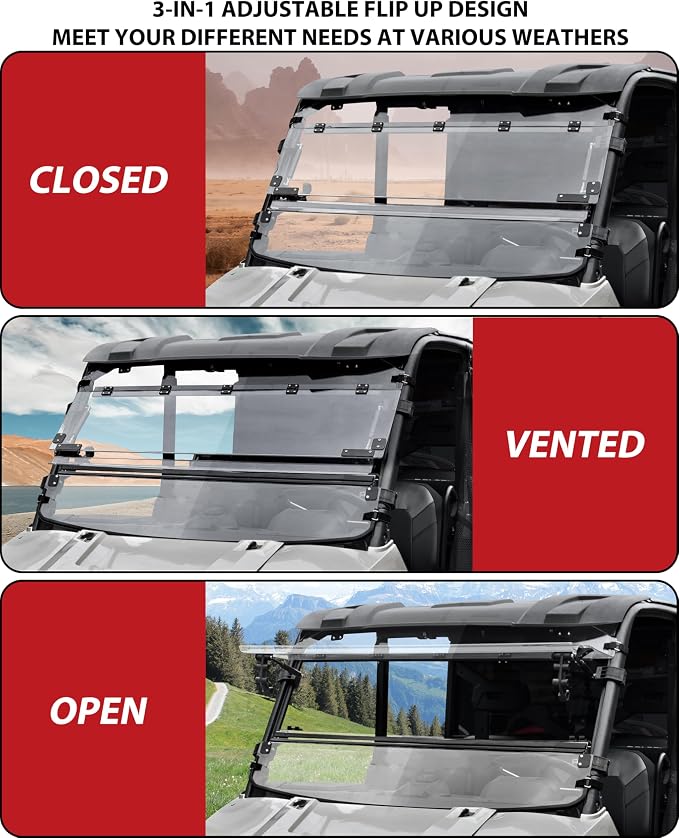 SAUTVS Flip Up Windshield for Polaris Ranger XP 1000/ Crew/ Diesel/ XP 900 2017-2026 Accessories, Clear 1/5" Hard Coated Polycarbonate Front Flip Windscreen Window, Can be Closed/Vented or Fully Open