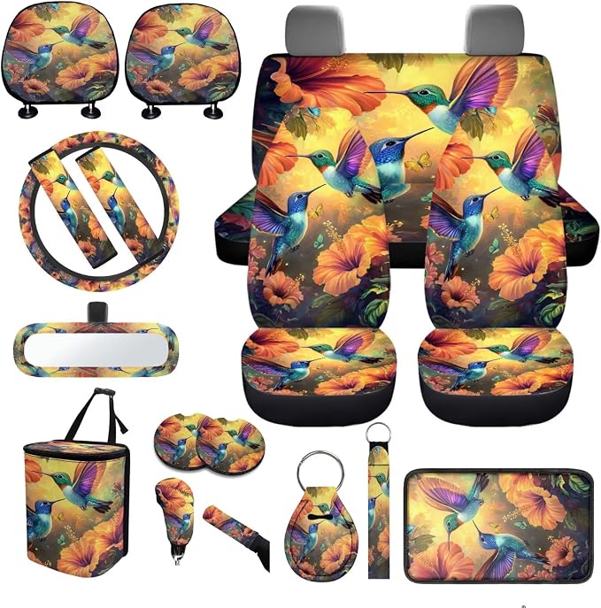 Hummingbird Flower Car Seat Covers Full Set 18 Pcs Hummingbird Print Car Accessories Full Set Steering Wheel Cover Universal Fit Car Headrest Covers Car Seat Belt Pads Cover Keychain