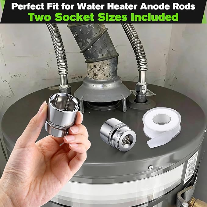 Dreyoo Anode Rod Socket Wrench Kit, 1-1/16" & 1-3/16" Short Socket Set with PTFE Tape, 1/2" Drive 6-Point Chrome Vanadium Sockets for Water Heater and Corro-Protect Powered Anode Rod Installation