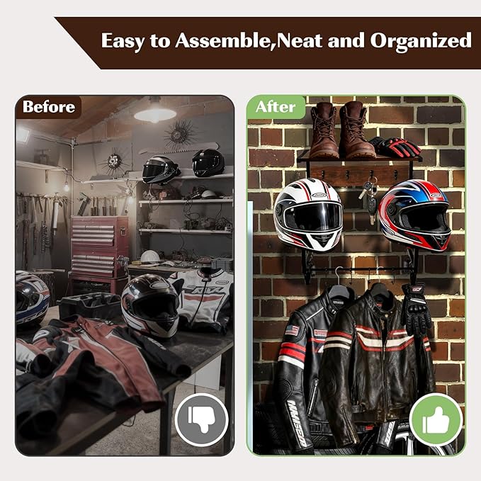 NANXITU Motorcycle Helmet Holder Wall Mount, Wooden Helmet Display Stands with Metal Frame Tiered Organizer,with 2 Helmet Rack,4 Glove Chips and 8 Hooks for Motorcycle Gear Accessories Storage