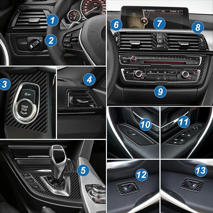 13PCS Real Carbon Fiber Interior Trim Kit Compatible with BMW 3 Series F30 F31 F34 2012–2019, 4 Series F32 F33 F36 2014–2020, Interior Decor Sticker Accessories
