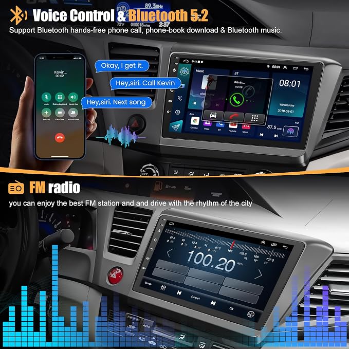 4G+64G Car Radio for Honda Civic 2012-2015 with Wireless Carpaly & Android Auto,9 Inch IPS Touch Screen Car Stereo with GPS Navigation/Bluetooth 5.2/FM/Backup Camera/WiFi/SWC/HiFi