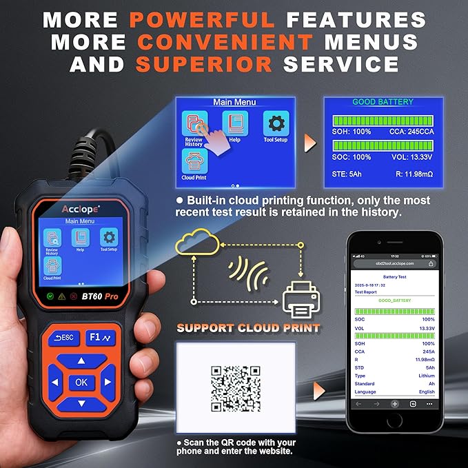 BT60 PRO Car Battery Tester 6V/12V/24V, 2–120Ah, 100–3000 CCA, Alternator & Starter/Charging System Analyzer, Automotive Load Test, QR Cloud Report (No App), for Car Truck Motorcycle Marine/RV