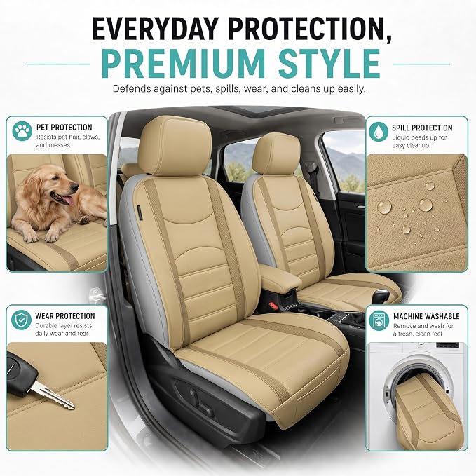 FH Group Front Set Faux Leather Car Seat Cushions for Low Back Seat, Universal Fit, Airbag Compatible Seat Cover for SUV, Sedan, Beige Tan