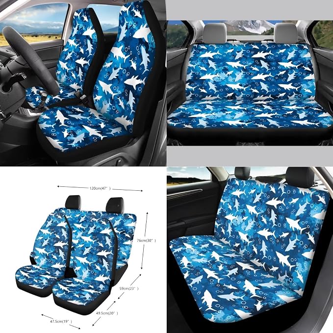 Shark Print Car Seat Cover Cute Full Set 15Pcs Car Accessories Universal Steering Wheel Cover Safety Belt Pads Rear View Mirror Protector Garbage Bag for Truck Sedan SUV Van
