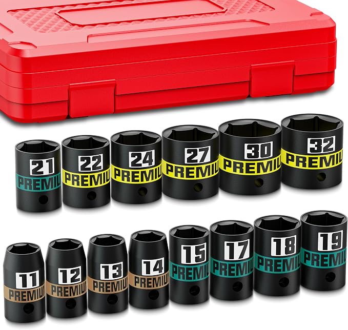 14-Piece 1/2" Drive Shallow Impact Socket Set, 11-32mm, Semi-Deep Sockets, CR-V, Socket Set for Automotive and Home, Metric, 6 Point