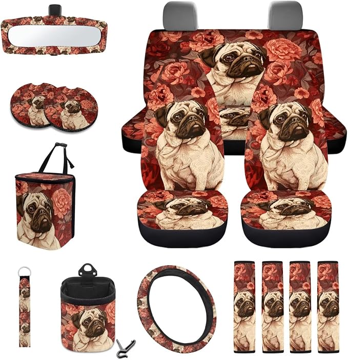 Pug Dog Flower Print Auto Seat Cushion + Steering Wheel Protector + Coaster + Mirror Cover + Seatbelt Pad + Trash Can + Air Vent Storage Poacket + Keychain, Set of 15