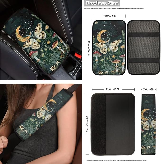 Moon Mushroom Moth Car Seat Covers Full Set for Women Retro Car Accessories Seat Cover with Steering Wheel Cover Seatbelt Pad Coasters Garbage Bag Car Headrest Pillow Covers Armrest Pad