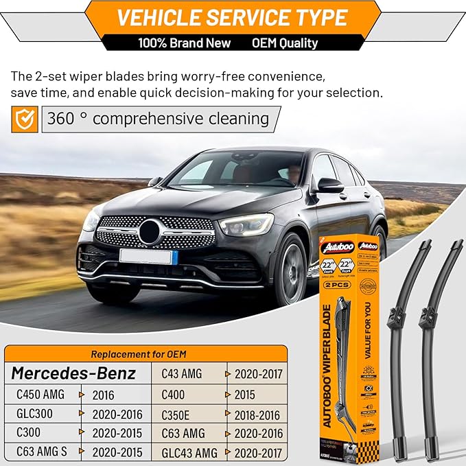 AUTOBOO 22"+22" Windshield Wiper Blade Sets Replacement for Mercedes Benz C class and GLC class 2015-2020 W205 C205 A205 -Original Factory Quality (Pack of 2)