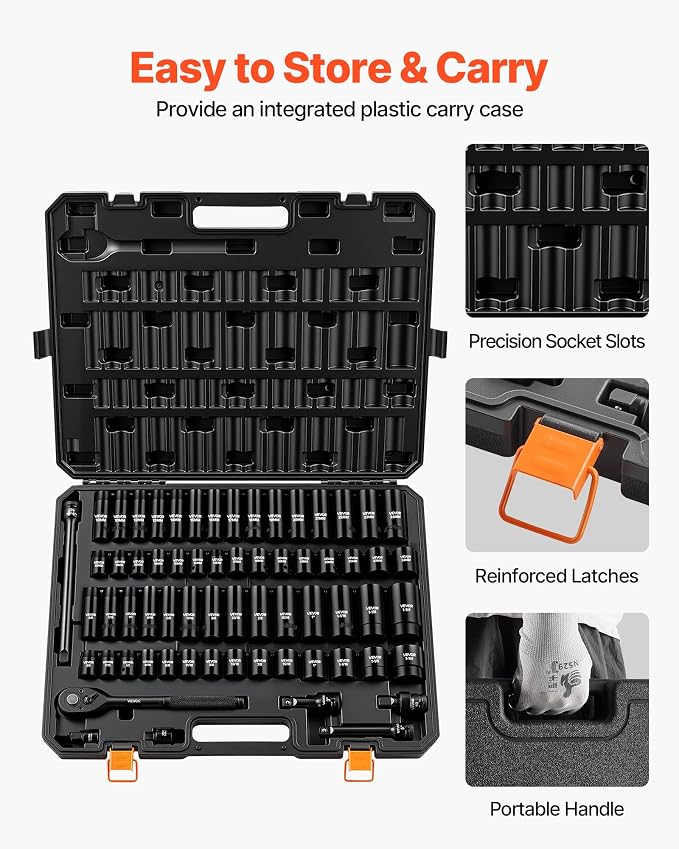 VEVOR Impact Socket Set, 1/2" Drive, 65-Piece Socket Set, 6 Point Sockets, SAE 3/8" to 1-1/4" and Metric 10-24 mm, Easy to Identify, with a Sturdy Storage Case, Cr-V Alloy Steel for Vehicles Repair